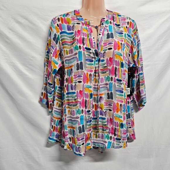 AP NY V Neck Hi-Lo Top Blouse Shirt Women Size M Colorful Cupro blend - Picture 9 of 15